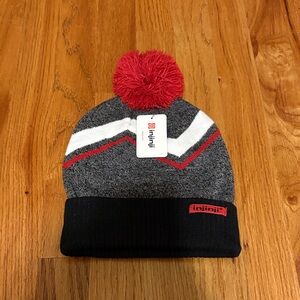 Injinji Gray and Red Knit Beanie with Pom-Pom